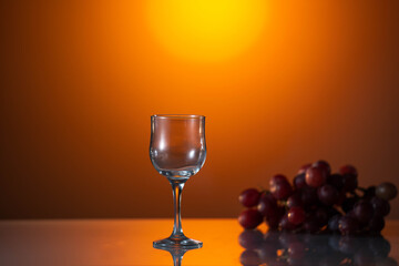 Empty Glass for white wine over white grapes. Sun breaks through the branches of the vineyard and illuminates shaking glass of white wine. Waving white wine