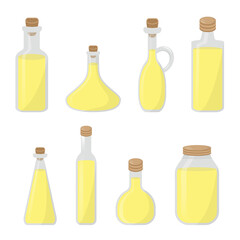Set of bottles with vegetable vitamin oils for cooking. Isolated vector illustration on white background. Olive oil, sunflower oil, corn oil, soybean oil vector illustration. 