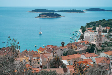 Beautiful view of Hvar old town on the sea shore.