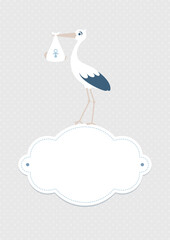 Karte Storch Auf Wolke Mit Baby Junge Punkte Grau