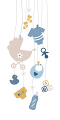 Fototapeta premium Neun Hängende Babysymbole Junge Retroblau Senfgelb