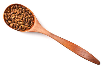 Barley Tea in the wooden spoon, isolated on white background, top view