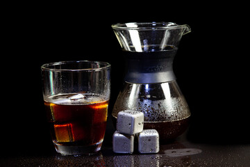 Cold americano decoration with stainless steel cubes ice  on a black table.
