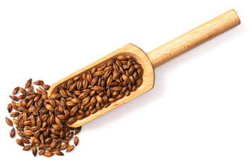 Barley Tea in the wooden scoop, isolated on white background, top view