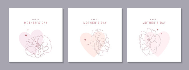 Fototapeta na wymiar Happy Mother's Day vector greeting cards set with elegant flowers and pastel colored hearts on white. Continuous line minimalist style illustration