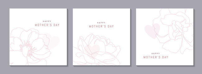 Mother's day greeting card concept. Set of beautiful floral banners with one line flowers in minimalist style. Continuous line rose vector illustration