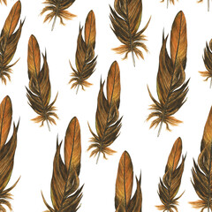 Brown feather in seamless pattern on white background. Watercolor hand drawing illustration. Realistic painting of parrot feather in wallpaper.