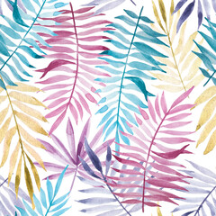 Seamless pattern with colorful tropical leaves. colored leaves of a palm tree of pink, blue, yellow colors isolated on a white background. summer print for fabric, textile, wallpaper.