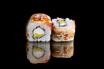 Unagi onigara roll, smoked eel, cream cheese, tanukan, unagi sauce, sesame