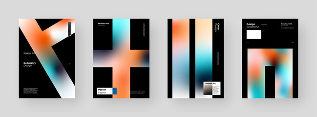 Abstract set Placards, Posters, Flyers, Banner Designs. Colorful gradient on vertical A4 format. Glass effect. Decorative neumorphism backdrop. Gradient glassmorphism shapes on black background