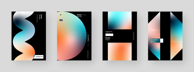 Abstract set Placards, Posters, Flyers, Banner Designs. Colorful gradient on vertical A4 format. Glass effect. Decorative neumorphism backdrop. Gradient glassmorphism shapes on black background - obrazy, fototapety, plakaty