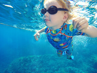 One toddler boy caucasian blond hair snorkeling under sea water. blue sea corals small boy...