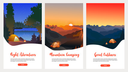 Collection of mountain and river landscapes for banner, web site, social media. Editable vector illustration with summer camping, overnight near to bonfire in tent