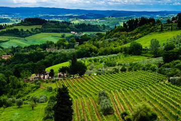 Beautiful general view of a valley in Italian Tuscany. Land for cultivation of vineyards.