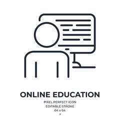 Online education and remote learning concept editable stroke outline icon isolated on white background flat vector illustration. Pixel perfect. 64 x 64.