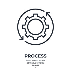 Cogwheel icon and settings concept editable stroke outline icon isolated on white background flat vector illustration. Pixel perfect. 64 x 64.