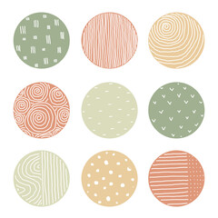 Set of round Abstract colorful Backgrounds or Patterns. Highlight cover set. Hand drawn doodle shapes. Spots, drops, curves, Lines. Contemporary modern trendy Vector illustration. Social media Icons t
