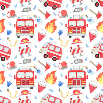 Seamless Pattern Fire Department and Fire truck watercolor. Fire equipment, funny cars illustration print. Red truck, fire truck, attention background. For digital paper, textile, fabric, wallpaper