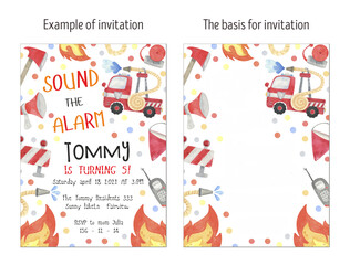 Watercolor Fire Department and Fire truck invitation card, layout. Design for birthday party, baby shower.  Fire hydrant, hose, axe, walkie-talkie, fire, bucket, siren, alarm.