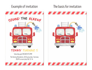 Watercolor Fire Department and Fire truck invitation card, layout. Design for birthday party, baby shower.  Fire hydrant, hose, axe, walkie-talkie, fire, bucket, siren, alarm.