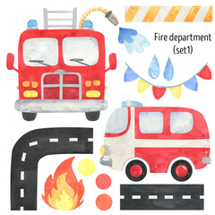 Watercolor Fire Department and Fire truck.  Fire equipment, funny cars illustration. Red truck, Bus, garland, road, fire. For design invitations, poster, nursery clipart