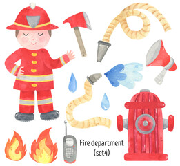 Watercolor Fireman and fire equipment set. Fire Department funny illustration. Fire hydrant, hose, axe, walkie-talkie, fire, bucket, siren, alarm. For design invitations, poster, nursery clipart.