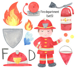 Watercolor Fireman and fire equipment set. Fire Department funny illustration. Fire extinguisher, fire, bucket, siren, alarm. For design invitations, poster, nursery clipart.