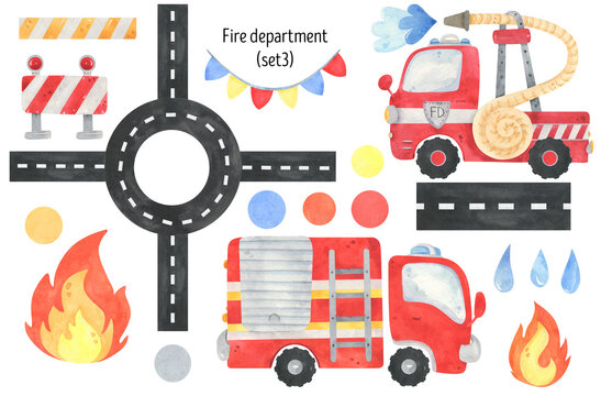 Watercolor Fire Department and Fire truck.  Fire equipment, funny cars illustration. Red truck, fire truck, road, fire, garland, attention. For design invitations, poster, nursery clipart