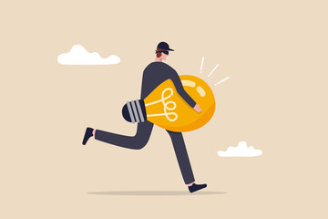 Stealing idea or plagiarism, piracy on intellectual property or infringement concept, thief man in black running with light bulb idea steal from other owner.
