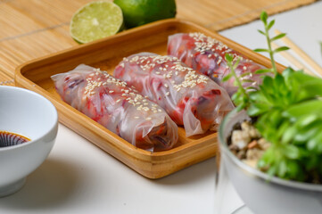 Rice paper envelopes. Vietnamese vegetarian dish sprinkled with sesame seeds