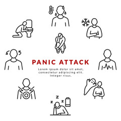 Panic attack symptoms circle banner with flat line icon. Vector illustration psychological illness characterized by dizziness, vomiting, heart palpitations, fear of death.