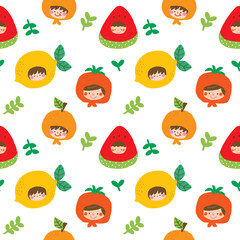 Seamless Pattern with Cartoon Girl Face and Fruit Design on White Background