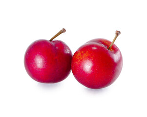 Fresh cherry plum with green leaves isolated on white background