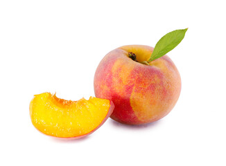 Peach fruits Peach with leaf on white background.