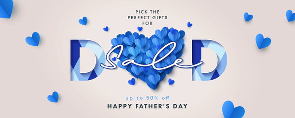 Happy Fathers Day Sale banner. Holiday background with big heart made of blue Origami Hearts on 
gray beige background. Modern design template for poster, flyer, greeting card, header for website