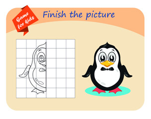 Educational game for children. Finish drawing the penguin on the cells