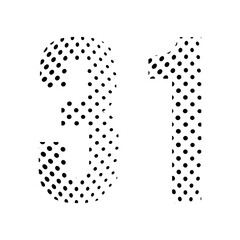 Number Thirty-one, 31 in halftone. Dotted illustration isolated on a white background. Vector illustration.
