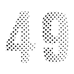 Number Forty-nine, 49 in halftone. Dotted illustration isolated on a white background. Vector illustration.
