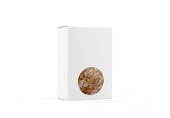 Almonds paper box mockup on isolated white background, cardboard paper packaging box for dry fruits, 3d illustration
