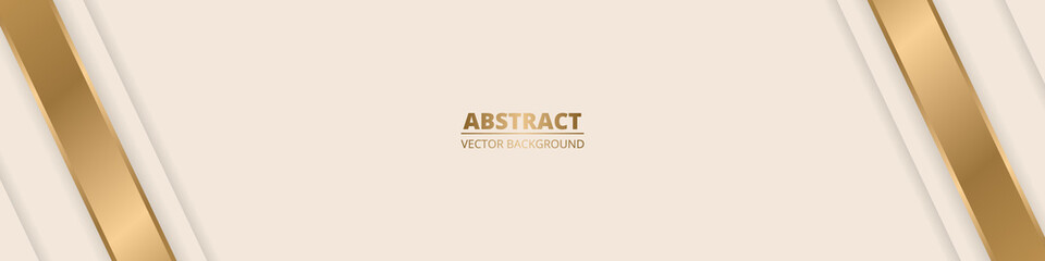 Luxury light yellow pastel abstract wide background with golden lines and shadows. Modern light horizontal banner with golden glitter lines. Futuristic abstract backdrop. Vector illustration EPS 10.