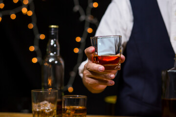 Bartender Serve Whiskey, on wood bar, 