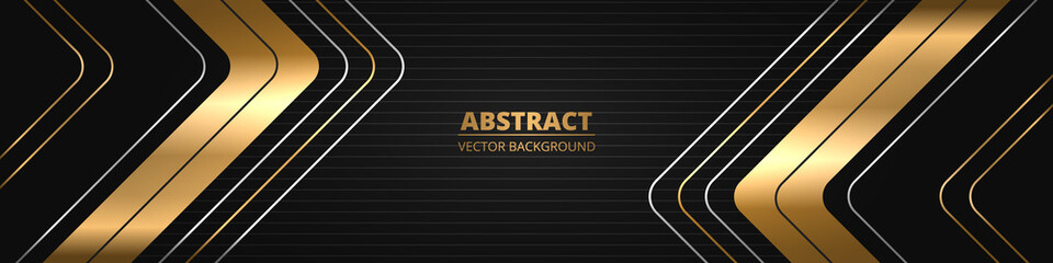Black luxury abstract wide horizontal banner with gold and silver lines, arrows and angles. Dark modern bright futuristic horizontal sporty abstract background. Wide vector illustration EPS10.