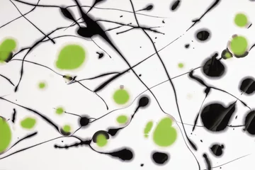 Fotobehang Black and green lines and splashes drawn on white background. Abstract art spotted backdrop with olive brush stroke. © nikol85