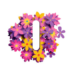 letter I, White rounded font on multicolored floral background, 3d illustration, creative alphabet