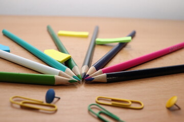 pencils on a table, pencil, color, pencils, white, isolated, art, education, drawing, colorful, school, red, pen, blue, green, colored, yellow, colors, object, group, office, crayon, wood, equipment, 