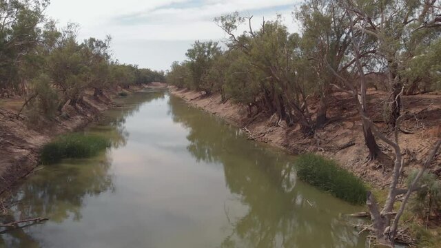 Aerial view of Australian river turning dry. Water recession in Darling River, New South Wales, Australia