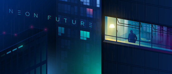 A man stands at the window of his house. Stay home. View of the futuristic night city. Rainy night
