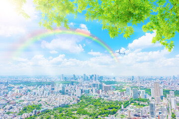 雨上がりの晴れた東京都市風景　  Tokyo city skyline with beautiful fresh greenery  , Japan.