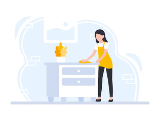 Cleaning service woman wipes dust with a rag. Female character in uniform. Dusting