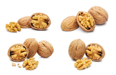Delicious walnuts set, isolated on white background